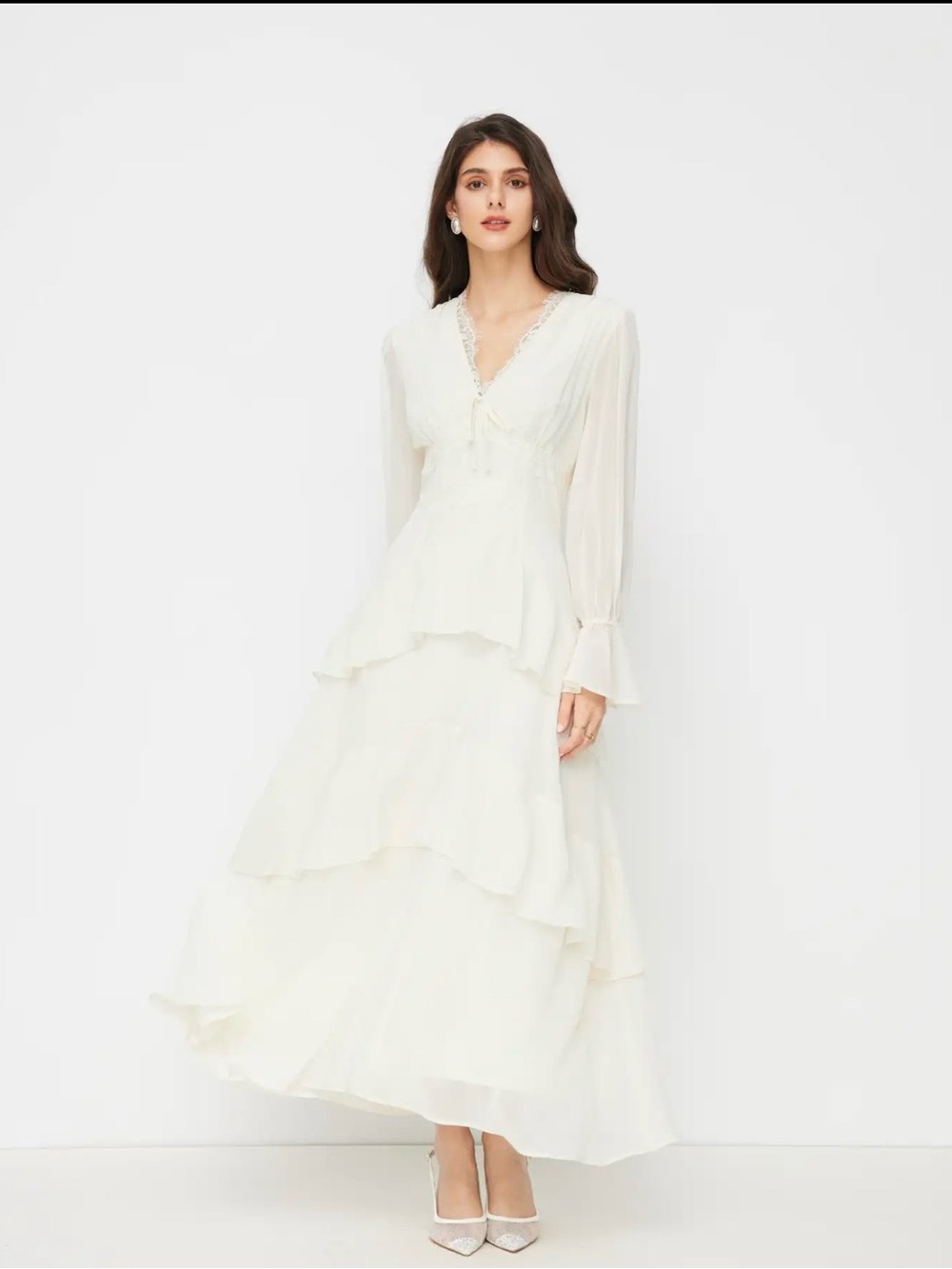 Cider Cream Tiered V-Neck Long-Sleeve Maxi Dress